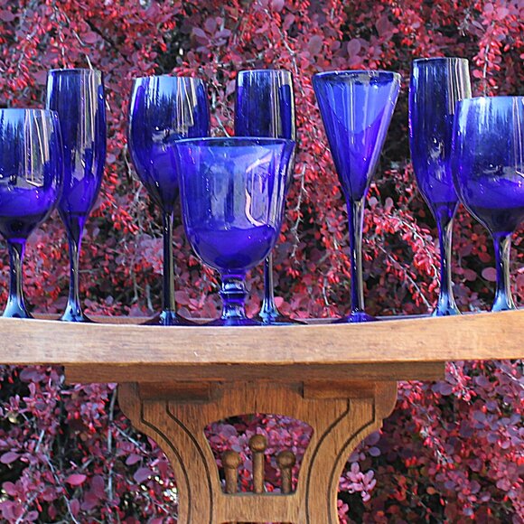 Holiday Cobalt Blue Wine Goblets β Set of 9 β Mismatched β Mid-Century β 6.5"β9" - Picture 8 of 8